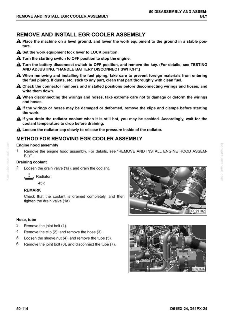 Puede incluir: P&aacute;gina de un manual t&eacute;cnico que detalla la extracci&oacute;n e instalaci&oacute;n de un conjunto de enfriador EGR. Incluye diagramas de componentes del motor, instrucciones y advertencias de seguridad. La p&aacute;gina presenta texto y diagramas.