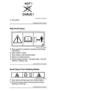 May include: A page of safety labels with warnings. The top label warns of a hot surface, with the word "HOT!" and "CHAUD!" below a hand symbol. Other labels advise on avoiding injury, including rotating blades.