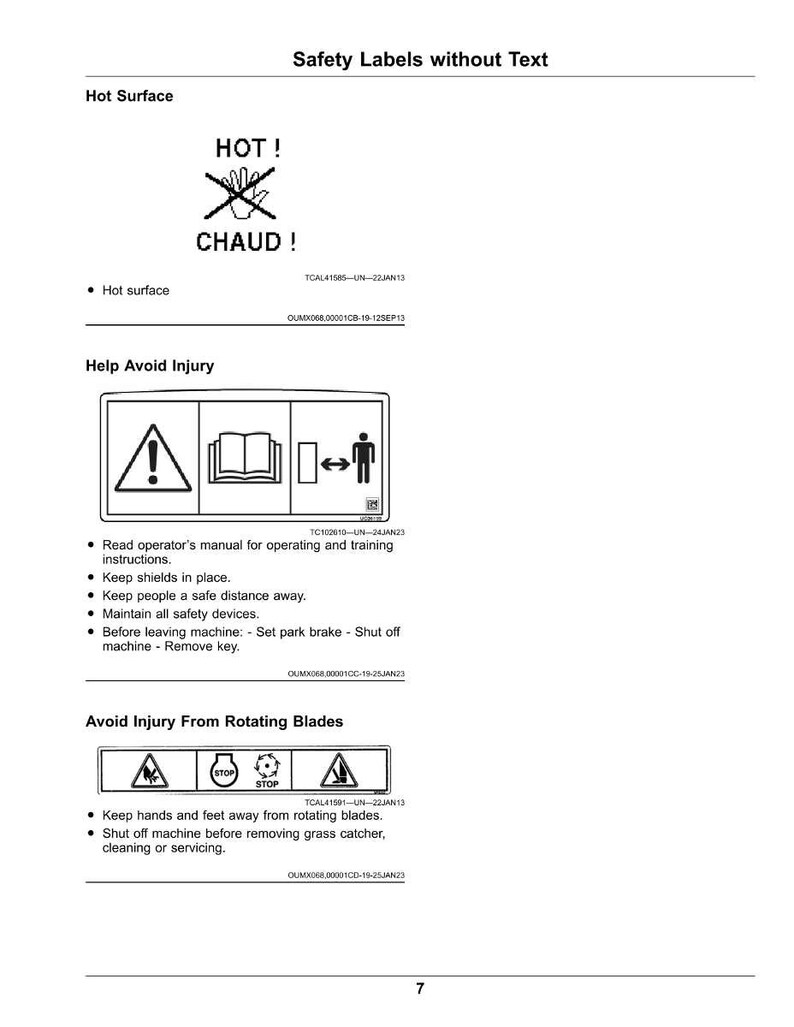 May include: A page of safety labels with warnings. The top label warns of a hot surface, with the word "HOT!" and "CHAUD!" below a hand symbol. Other labels advise on avoiding injury, including rotating blades.