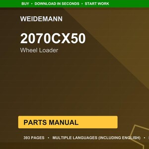 Pu&ograve; includere: Copertina di un documento digitale con il logo Weidemann e il testo "2070CX50 Wheel Loader". La copertina &egrave; marrone con un pulsante giallo "PARTS MANUAL". Il documento &egrave; di 393 pagine ed &egrave; disponibile in pi&ugrave; lingue.