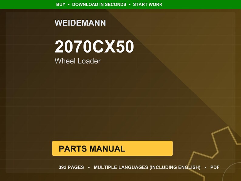 Pu&ograve; includere: Copertina di un documento digitale con il logo Weidemann e il testo "2070CX50 Wheel Loader". La copertina &egrave; marrone con un pulsante giallo "PARTS MANUAL". Il documento &egrave; di 393 pagine ed &egrave; disponibile in pi&ugrave; lingue.