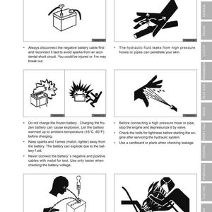 May include: A page from a safety manual with illustrations and text. Topics include battery handling, high-pressure hoses, and safety precautions. The manual provides instructions and warnings for automotive maintenance.