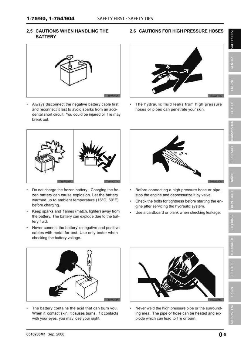 May include: A page from a safety manual with illustrations and text. Topics include battery handling, high-pressure hoses, and safety precautions. The manual provides instructions and warnings for automotive maintenance.