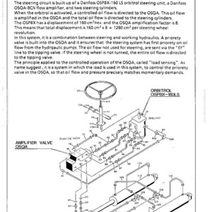 May include: Diagram of a steering circuit with labels and arrows, including an orbitrol, amplifier valve, and steering cylinders. The text includes technical specifications and the date 06.92.