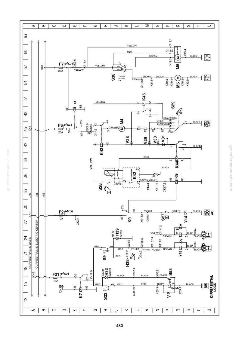 May include: Schematic diagram with text and symbols. The diagram includes lines, boxes, and labels in black, yellow, red, and blue. The text includes "CURRENTRAL IN CABIN" and "DIFFERENTIAL LOCK".