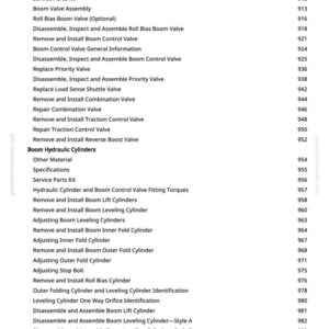 Peut inclure: Une page imprim&eacute;e d'un manuel, &eacute;num&eacute;rant divers composants et proc&eacute;dures m&eacute;caniques. Le texte comprend des termes tels que "Boom Valve Assembly", "Hydraulic Cylinders" et "Adjusting Stop Bolt". Le num&eacute;ro de page "11" est visible.