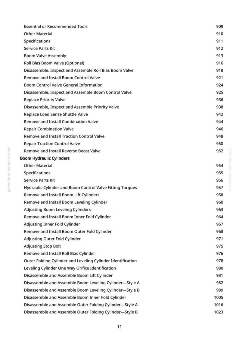 Peut inclure: Une page imprim&eacute;e d'un manuel, &eacute;num&eacute;rant divers composants et proc&eacute;dures m&eacute;caniques. Le texte comprend des termes tels que "Boom Valve Assembly", "Hydraulic Cylinders" et "Adjusting Stop Bolt". Le num&eacute;ro de page "11" est visible.