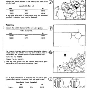 May include: Technical diagram from a manual detailing cylinder head valve guide replacement. Includes measurements in inches and millimeters for valve guide bore, outside diameter, and installed height. Page 2-29.