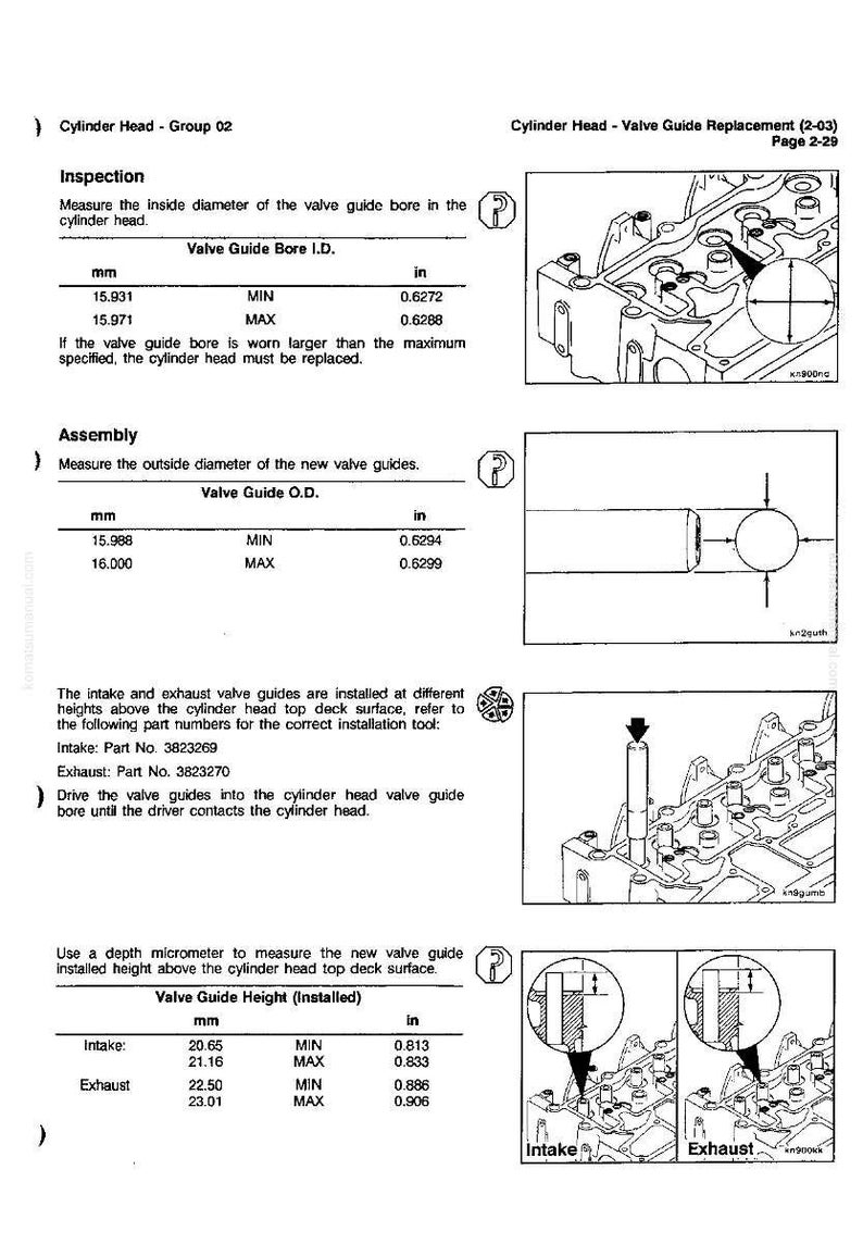 May include: Technical diagram from a manual detailing cylinder head valve guide replacement. Includes measurements in inches and millimeters for valve guide bore, outside diameter, and installed height. Page 2-29.