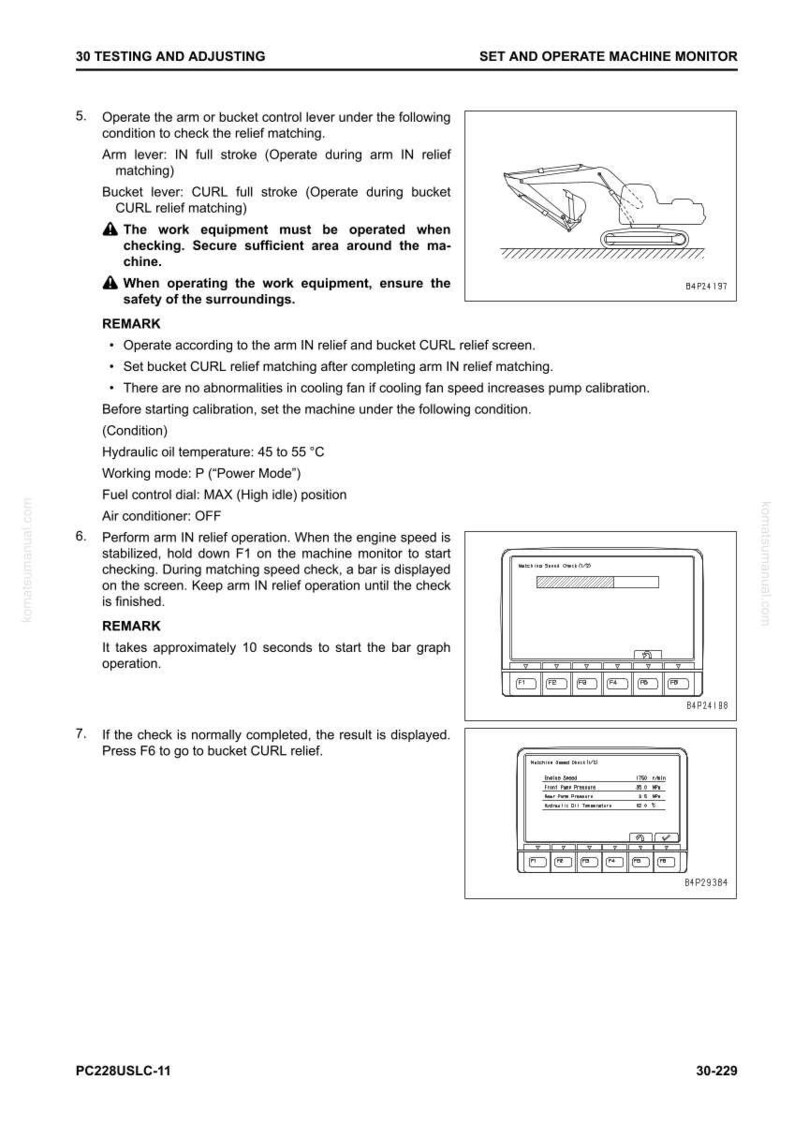 Puede incluir: P&aacute;gina de un manual titulada "30 Pruebas y Ajustes" con diagramas e instrucciones para operar y configurar un monitor de m&aacute;quina. Incluye diagramas de la m&aacute;quina y pantallas. El texto incluye procedimientos operativos y precauciones de seguridad.