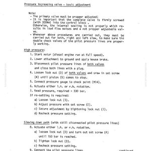 Puede incluir: Documento t&eacute;cnico de MANNESMANN DEMAG, que detalla los circuitos de la l&iacute;nea de servicio. El texto incluye instrucciones para los ajustes de presi&oacute;n y el mantenimiento del circuito de giro, con diagramas y especificaciones. Documento impreso en papel blanco.