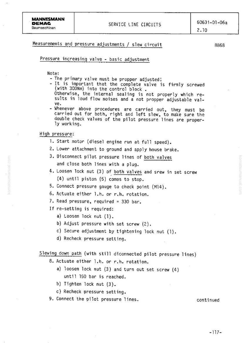 Puede incluir: Documento t&eacute;cnico de MANNESMANN DEMAG, que detalla los circuitos de la l&iacute;nea de servicio. El texto incluye instrucciones para los ajustes de presi&oacute;n y el mantenimiento del circuito de giro, con diagramas y especificaciones. Documento impreso en papel blanco.