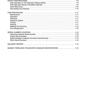 May include: A page from a service manual with the title "FOREWORD" at the top. The table of contents includes safety instructions, fire prevention, and serial number location. The manual is for a Massey Ferguson telescopic handler.