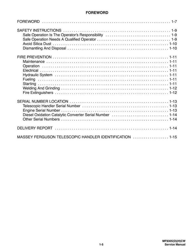 May include: A page from a service manual with the title "FOREWORD" at the top. The table of contents includes safety instructions, fire prevention, and serial number location. The manual is for a Massey Ferguson telescopic handler.