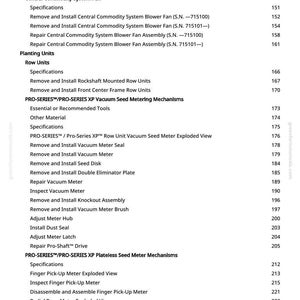 May include: A detailed table of contents from a manual, listing various sections and subsections related to agricultural machinery. The text includes terms like "Vacuum Seed Metering Mechanisms" and "Seed Openers."