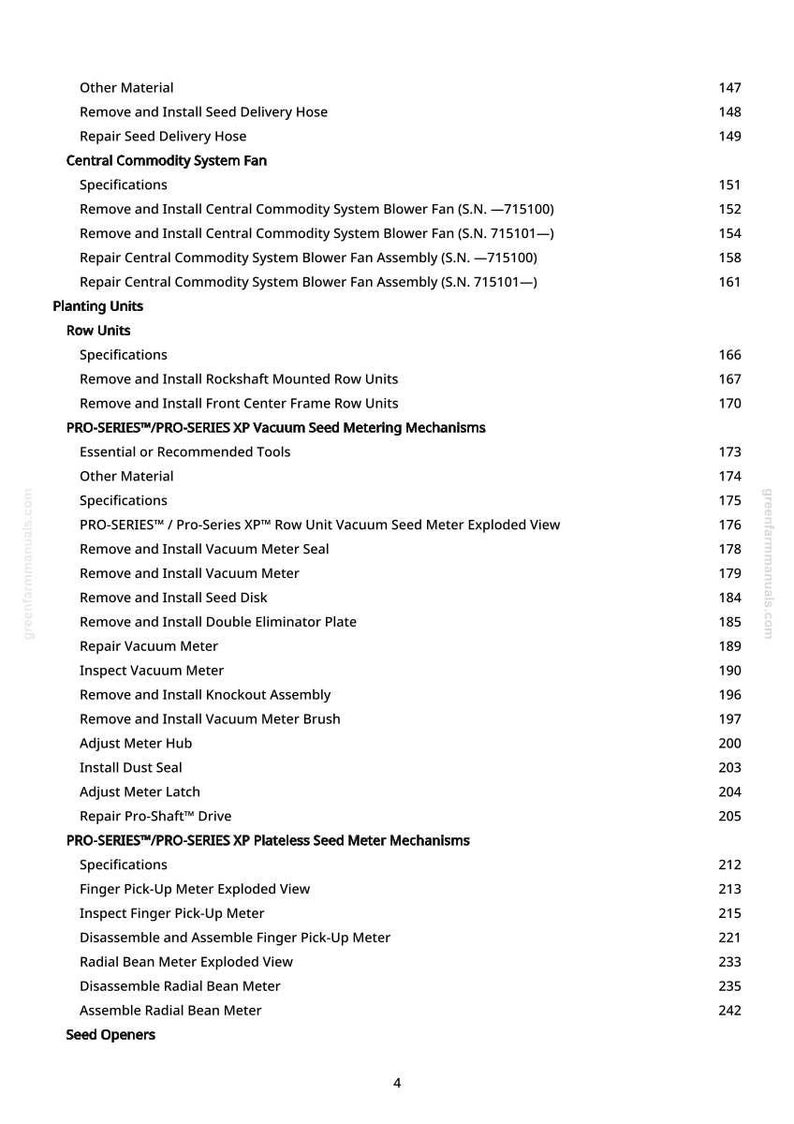 May include: A detailed table of contents from a manual, listing various sections and subsections related to agricultural machinery. The text includes terms like "Vacuum Seed Metering Mechanisms" and "Seed Openers."