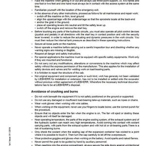 May include: A page from a LIEBHERR service manual, providing safety instructions. The text outlines safety procedures for machinery operation, covering topics like crushing, burns, and other potential hazards. The document is dated 01/2019.