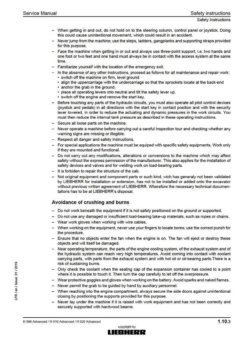 May include: A page from a LIEBHERR service manual, providing safety instructions. The text outlines safety procedures for machinery operation, covering topics like crushing, burns, and other potential hazards. The document is dated 01/2019.