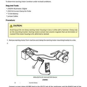 May include: Diagram illustrating a starting motor amperage draw test, featuring a multimeter, clamp-on probe, and jumper cables. The text reads "Starting Motor Amperage Draw Test: No-Load, Kawasaki". The diagram shows the connections required for the test.