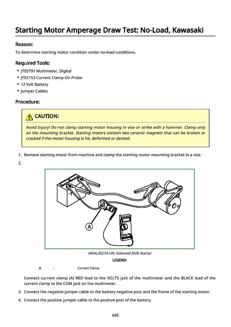 May include: Diagram illustrating a starting motor amperage draw test, featuring a multimeter, clamp-on probe, and jumper cables. The text reads "Starting Motor Amperage Draw Test: No-Load, Kawasaki". The diagram shows the connections required for the test.