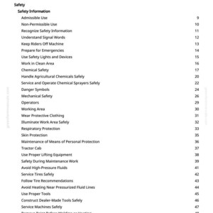 May include: A white page with a black text table of contents. The table lists safety topics, including safety information, chemical safety, and maintenance procedures. The page is from a greenfarmmanuals.com manual.
