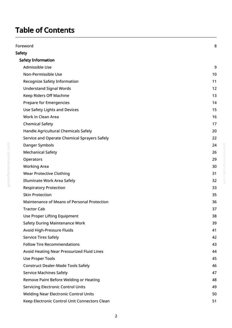 May include: A white page with a black text table of contents. The table lists safety topics, including safety information, chemical safety, and maintenance procedures. The page is from a greenfarmmanuals.com manual.