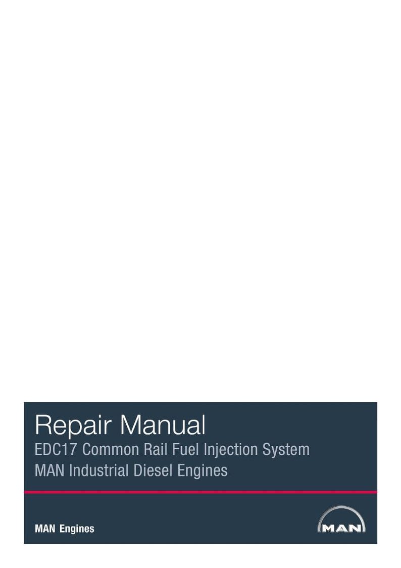 K&ouml;nnte beinhalten: Ein Reparaturhandbuch mit dunkelblauem Hintergrund. Der Text lautet "Reparaturhandbuch" gefolgt von "EDC17 Common Rail Fuel Injection System MAN Industrial Diesel Engines." Das MAN Engines-Logo befindet sich unten.