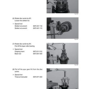 May include: A technical diagram with step-by-step instructions for mechanical assembly. The image shows various tools and components, including a snap ring, slotted nut wrench, and a three-armed puller. Text includes part numbers and figure references.