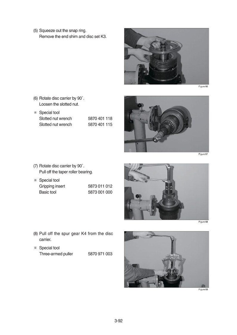 May include: A technical diagram with step-by-step instructions for mechanical assembly. The image shows various tools and components, including a snap ring, slotted nut wrench, and a three-armed puller. Text includes part numbers and figure references.
