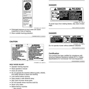 May include: Safety labels with CAUTION and DANGER warnings. Includes text about hearing protection, avoiding injury from rotating blades, and not operating the mower without a deflector. Also lists safety instructions.
