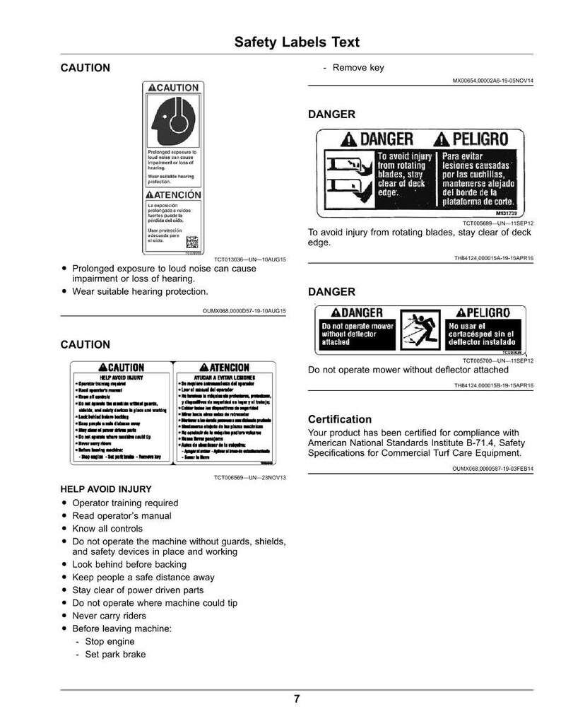 May include: Safety labels with CAUTION and DANGER warnings. Includes text about hearing protection, avoiding injury from rotating blades, and not operating the mower without a deflector. Also lists safety instructions.
