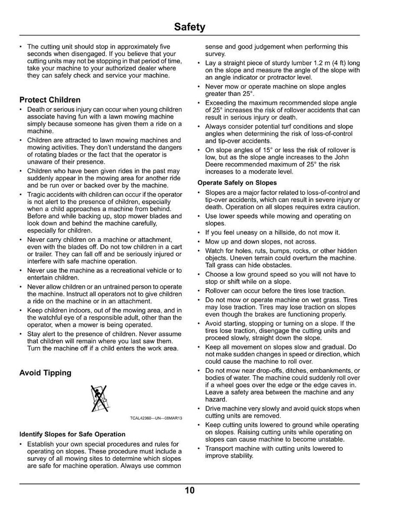 Puede incluir: Una gu&iacute;a de seguridad titulada "Seguridad" con instrucciones para el funcionamiento de la cortadora de c&eacute;sped. La gu&iacute;a incluye advertencias sobre la protecci&oacute;n de los ni&ntilde;os, la evitaci&oacute;n de vuelcos y el funcionamiento seguro en pendientes. Tambi&eacute;n tiene un diagrama de un s&iacute;mbolo de vuelco tachado.