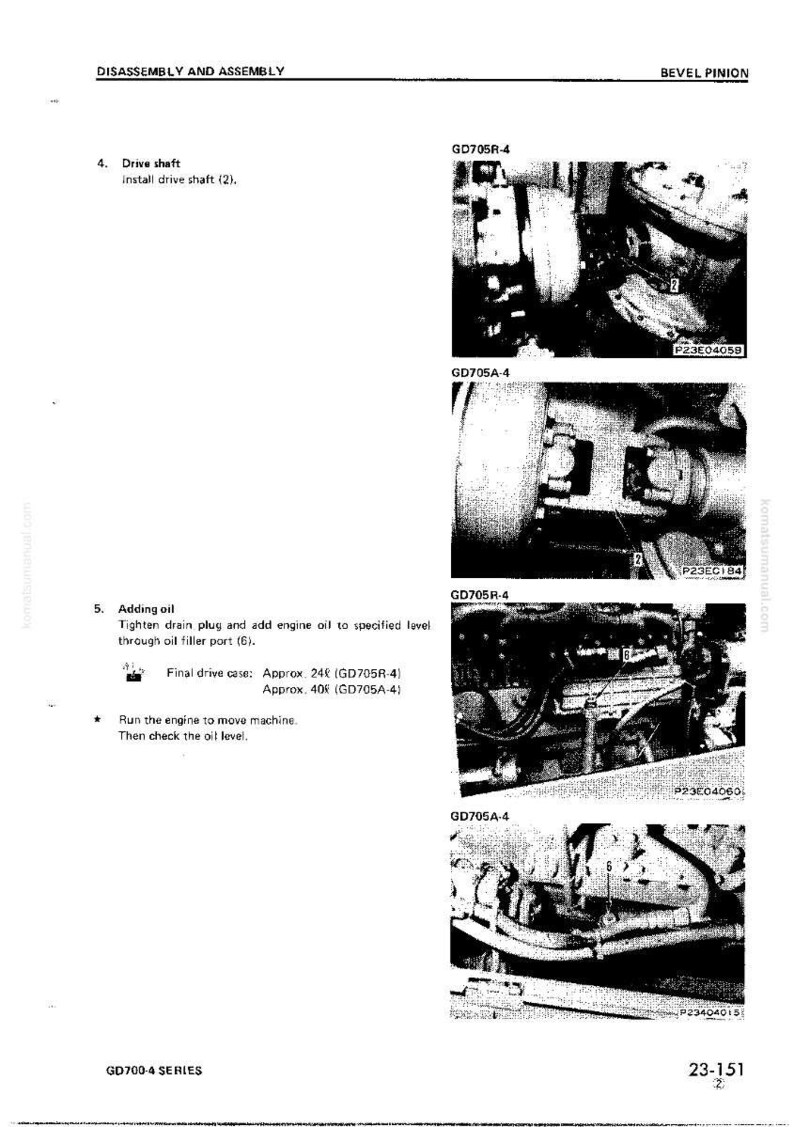 May include: Technical diagram from a manual showing the disassembly and assembly of a machine. The images show close-ups of mechanical components, including drive shafts and oil filler ports. Text includes instructions and measurements.