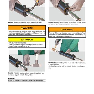 Puede incluir: Una p&aacute;gina del manual de servicio del eje que muestra los pasos de desmontaje. Las im&aacute;genes ilustran el uso de herramientas como alicates, un destornillador y un martillo en una culata. Se incluyen advertencias de seguridad, enfatizando la protecci&oacute;n ocular.