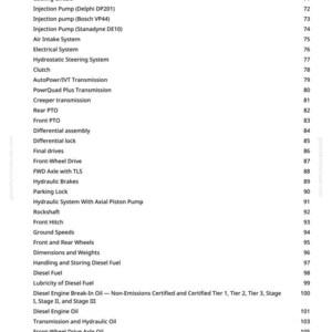 Peut inclure: Une table des mati&egrave;res d&eacute;taill&eacute;e d'un manuel, &eacute;num&eacute;rant les sp&eacute;cifications et les informations techniques. Le texte est en noir sur fond blanc, avec des num&eacute;ros de page &agrave; droite. Les sujets incluent les composants et syst&egrave;mes du moteur.
