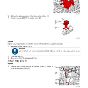 Puede incluir: Diagrama de un manual que muestra componentes y procedimientos del motor. Incluye ilustraciones de piezas como la v&aacute;lvula EGR, tornillos y un tubo de recuperaci&oacute;n de aceite. El texto en franc&eacute;s detalla los pasos de desmontaje y montaje.