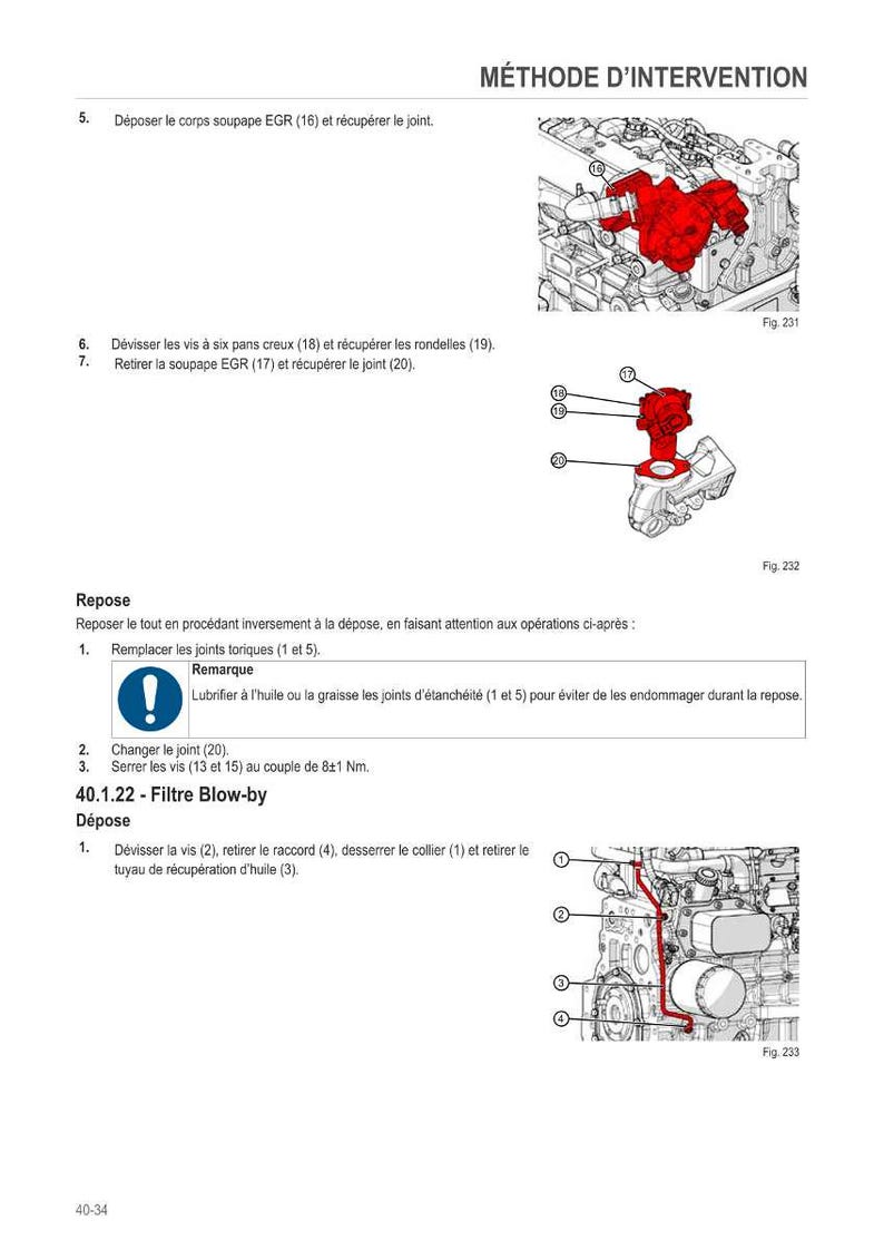 Puede incluir: Diagrama de un manual que muestra componentes y procedimientos del motor. Incluye ilustraciones de piezas como la v&aacute;lvula EGR, tornillos y un tubo de recuperaci&oacute;n de aceite. El texto en franc&eacute;s detalla los pasos de desmontaje y montaje.
