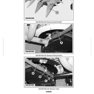 May include: A series of three technical diagrams with labels and instructions for removing parts from a machine. The diagrams show close-ups of the machine's components, with arrows pointing to specific parts labeled A, B, C, and D. Text includes "Remove Small Divider" and "Remove Tube."