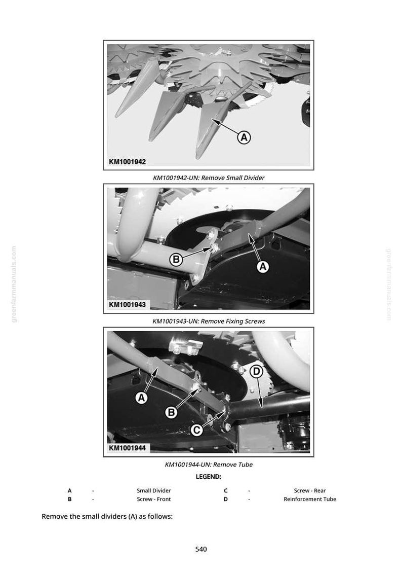 May include: A series of three technical diagrams with labels and instructions for removing parts from a machine. The diagrams show close-ups of the machine's components, with arrows pointing to specific parts labeled A, B, C, and D. Text includes "Remove Small Divider" and "Remove Tube."
