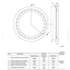Może przedstawiać: Schemat techniczny koła zębatego, okrągłej części mechanicznej z zębami. Diagram zawiera wymiary w milimetrach, z wymiarami i tolerancjami. Tekst "SPROCKET" znajduje się na g&oacute;rze.