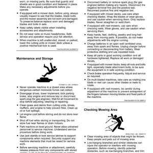 May include: Safety instructions and maintenance guidelines for machinery are displayed on a white page. The text includes warnings about operating procedures, storage, and mowing area safety. Diagrams illustrate proper techniques.