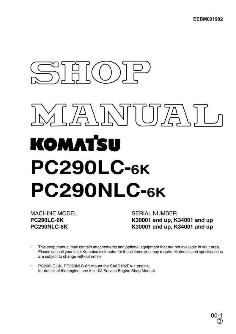 May include: A white shop manual with the text "SHOP MANUAL" in large, outlined letters. Below, the KOMATSU logo and model numbers PC290LC-6K and PC290NLC-6K are displayed. Additional text provides machine model and serial number details.