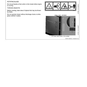 May include: A white page with safety labels for a lawn mower. The labels warn about rotating blades and thrown objects. The text includes instructions to keep hands and feet away and to clear the area before mowing.