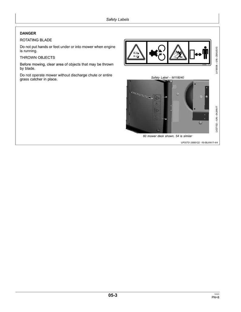 May include: A white page with safety labels for a lawn mower. The labels warn about rotating blades and thrown objects. The text includes instructions to keep hands and feet away and to clear the area before mowing.