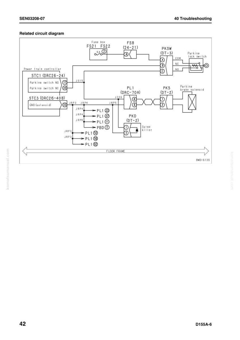 May include: A detailed circuit diagram with labels and symbols, including "FSB," "PKSW," and "PKD." The diagram is labeled "40 Troubleshooting" and includes text such as "Power train controller" and "Parking switch NO."