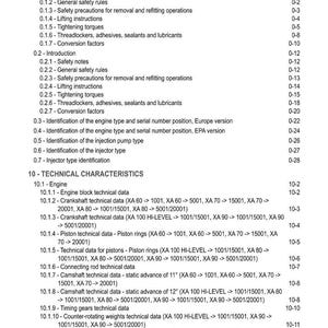 May include: A detailed table of contents from a technical manual, listing sections on engine characteristics, safety precautions, and technical data. The text is in black font on a white background, with page numbers.