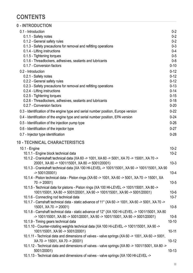 May include: A detailed table of contents from a technical manual, listing sections on engine characteristics, safety precautions, and technical data. The text is in black font on a white background, with page numbers.