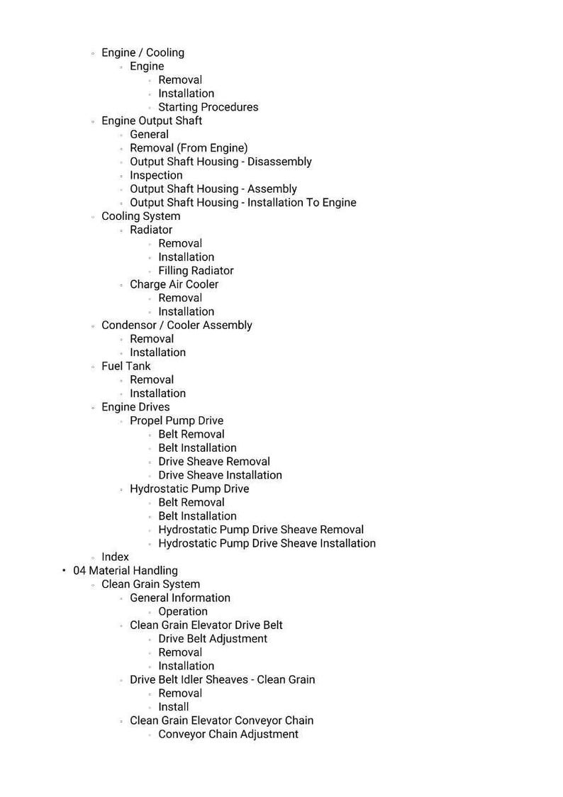 Puede incluir: Una lista detallada de los procedimientos del motor y del sistema de refrigeraci&oacute;n, incluyendo la extracci&oacute;n, la instalaci&oacute;n y los pasos de mantenimiento. El texto est&aacute; organizado con vi&ntilde;etas y subt&iacute;tulos para mayor claridad.