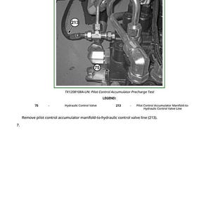 May include: Image of a hydraulic system component with metal tubes and fittings. The image includes labels for "75" and "213", and the text "Hydraulic Control Valve" and "Pilot Control Accumulator Manifold-to-Hydraulic Control Valve Line".