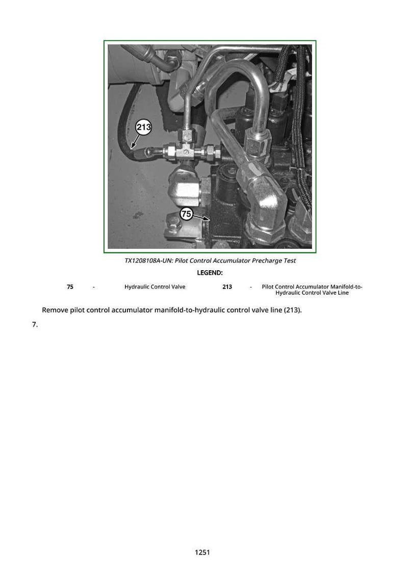May include: Image of a hydraulic system component with metal tubes and fittings. The image includes labels for "75" and "213", and the text "Hydraulic Control Valve" and "Pilot Control Accumulator Manifold-to-Hydraulic Control Valve Line".